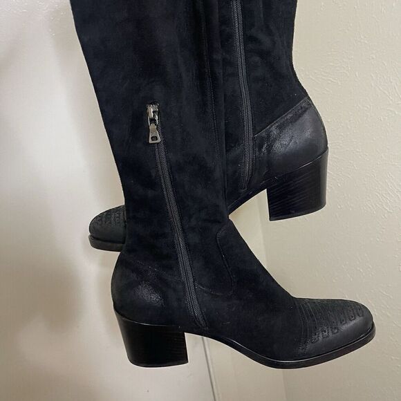 PRADA black suede leather western mid calf heeled boot size 35.5 US 5.5 - Picture 6 of 16